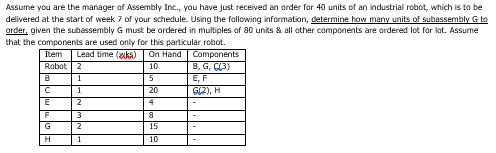 Assume you are the manager of Assembly Inc., you have just received an order for 40 units of an industrial robot, which is to be
delivered at the start of week 7 of your schedule. Using the following information, determine how many units of subassembly G to
order, given the subassembly G must be ordered in multiples of 80 units & all other components are ordered lot for lot. Assume
that the components are used only for this particular robot.
Item
Lead time (ks) On Hand
Components
B, G, C(3)
Robot 2
10
1
E, F
G(2), H
C
E
F
G
H
1
2
3
2
1
5
20
4
8
15
10