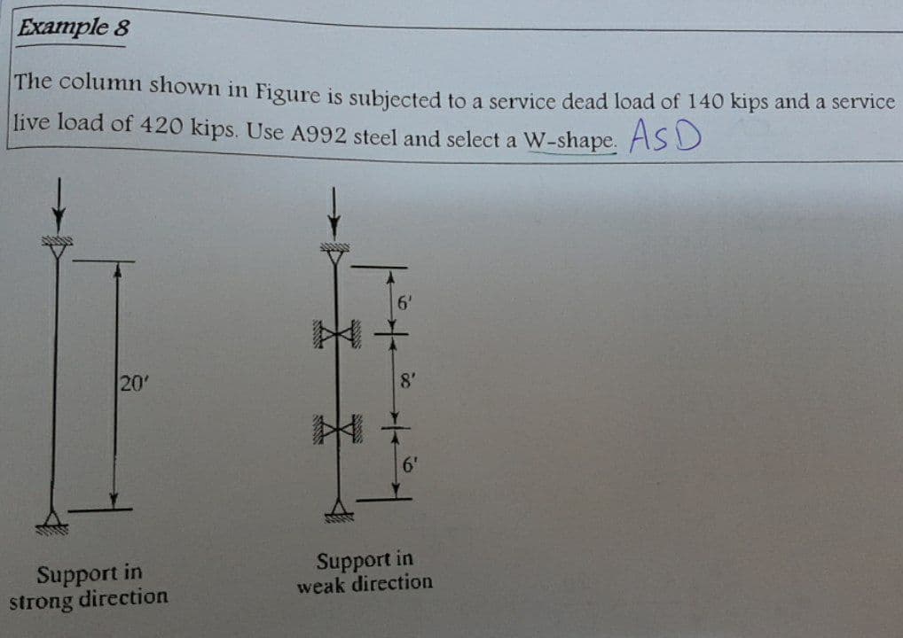 Example 8
The column shown in Figure is subiected to a service dead load of 140 kips and a service
live load of 420 kips. Use A992 steel and select a W-shape. AS D
6'
20'
6'
Support in
strong direction
Support in
weak direction
