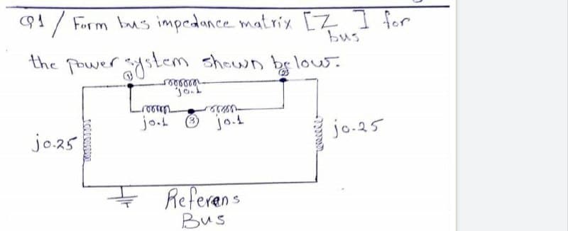 91/ Form bus impedance matrix [Z I for
bus
the powerstem shown below.
jo.i O jo.t
jo.25
jo-25
Referens
Bus
