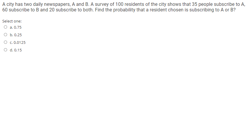 A city has two daily newspapers, A and B. A survey of 100 residents of the city shows that 35 people subscribe to A,
60 subscribe to B and 20 subscribe to both. Find the probability that a resident chosen is subscribing to A or B?
Select one:
O a. 0.75
O b. 0.25
O c. 0.0125
O d. 0.15
