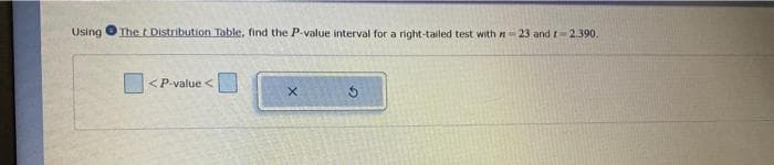 Using The t Distribution Table, find the P-value interval for a right-tailed test with n-23 and r-2.390.
<P-value <
X