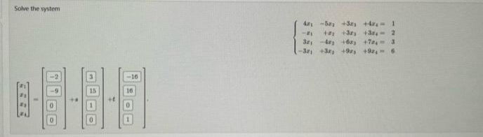 Solve the system
0
15
0
2+
-16
16
4₁ -52; +32 +42₁ 1
<-21
+2 +3
+3,- 2
3r,
4z +62 +724 3
-32₁ +3
+92 +97₁ 6