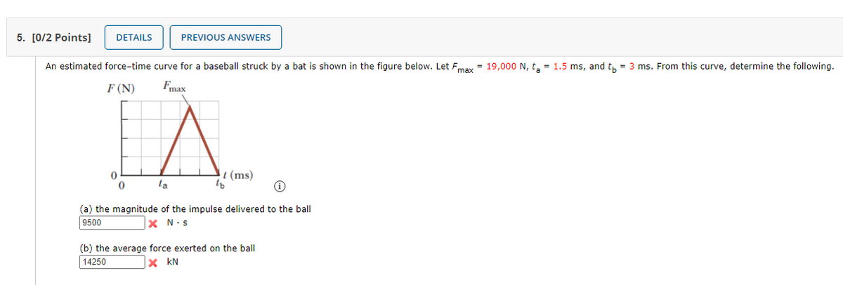 5. [0/2 Points]
DETAILS
PREVIOUS ANSWERS
An estimated force-time curve for a baseball struck by a bat is shown in the figure below. Let Fmay = 19,000 N, t, = 1.5 ms, and th = 3 ms. From this curve, determine the following.
F (N)
Fmax
(ms)
to
ta
(a) the magnitude of the impulse delivered to the ball
9500
X N.s
(b) the average force exerted on the ball
14250
x kN
