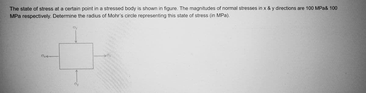 The state of stress at a certain point in a stressed body is shown in figure. The magnitudes of normal stresses in x & y directions are 100 MPa& 100
MPa respectively. Determine the radius of Mohr's circle representing this state of stress (in MPa).
Ox
Oy
Cy