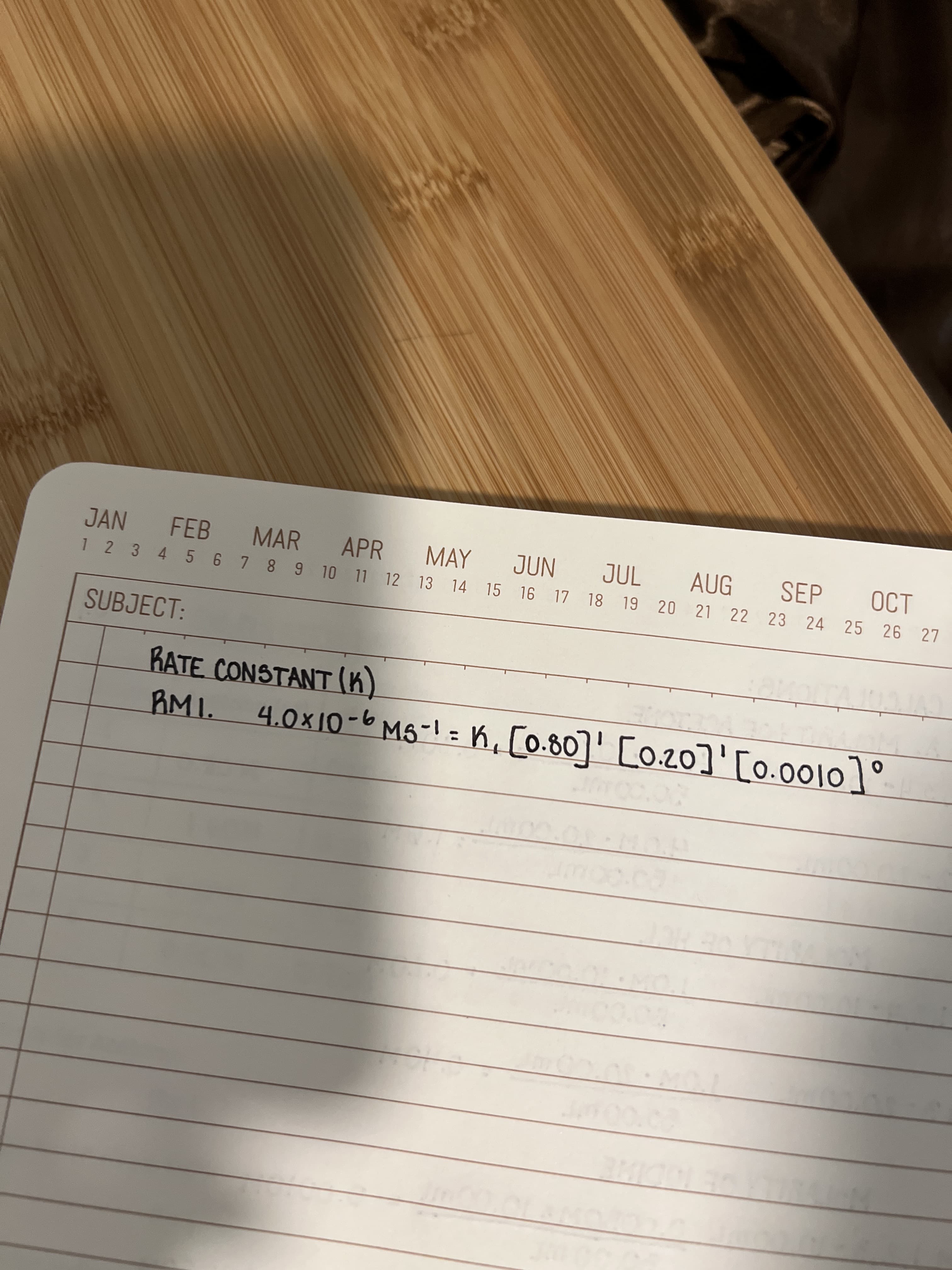 FEB MAR
APR MAY
JUN JUL AUG SEP
22 23 24 25 26 27
1 2 3 4 5 6 7 8 9 10 11 12 13 14 15 16 17 18 19 20 21
SUBJECT:
RATE CONSTANT (K)
9-01
! =K, [0.60]' [o.20]' [0.0010]°
