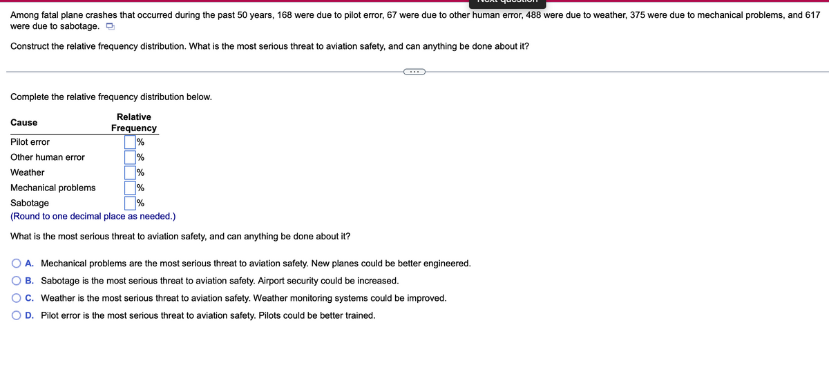 Among fatal plane crashes that occurred during the past 50 years, 168 were due to pilot error, 67 were due to other human error, 488 were due to weather, 375 were due to mechanical problems, and 617
were due to sabotage.
Construct the relative frequency distribution. What is the most serious threat to aviation safety, and can anything be done about it?
Complete the relative frequency distribution below.
Relative
Frequency
%
%
%
Cause
Pilot error
Other human error
Weather
Mechanical problems
Sabotage
%
(Round to one decimal place as needed.)
What is the most serious threat to aviation safety, and can anything be done about it?
A. Mechanical problems are the most serious threat to aviation safety. New planes could be better engineered.
B. Sabotage is the most serious threat to aviation safety. Airport security could be increased.
C. Weather is the most serious threat to aviation safety. Weather monitoring systems could be improved.
D. Pilot error is the most serious threat to aviation safety. Pilots could be better trained.