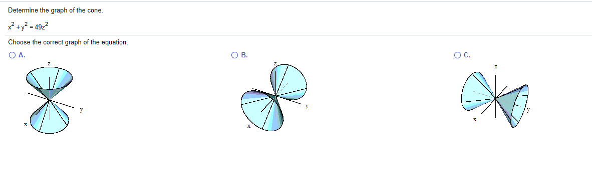 Determine the graph of the cone.
x²+y? = 49z?
Choose the correct graph of the equation.
O A.
OB.
OC.
