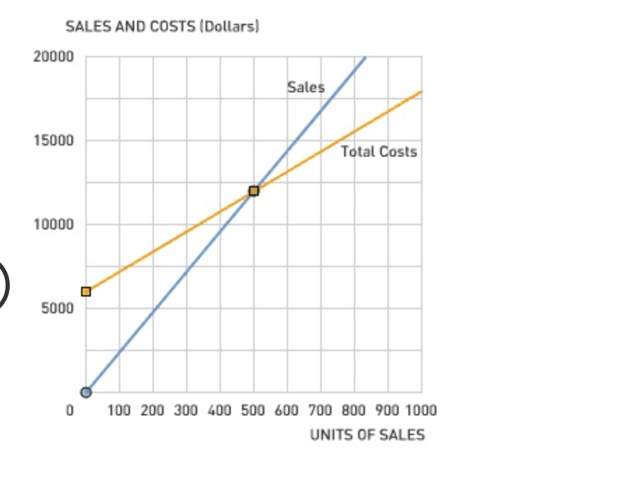 SALES AND COSTS (Dollars)
20000
Sales
15000
Total Costs
10000
5000
100 200 300 400 500 600 700 800 900 1000
UNITS OF SALES
