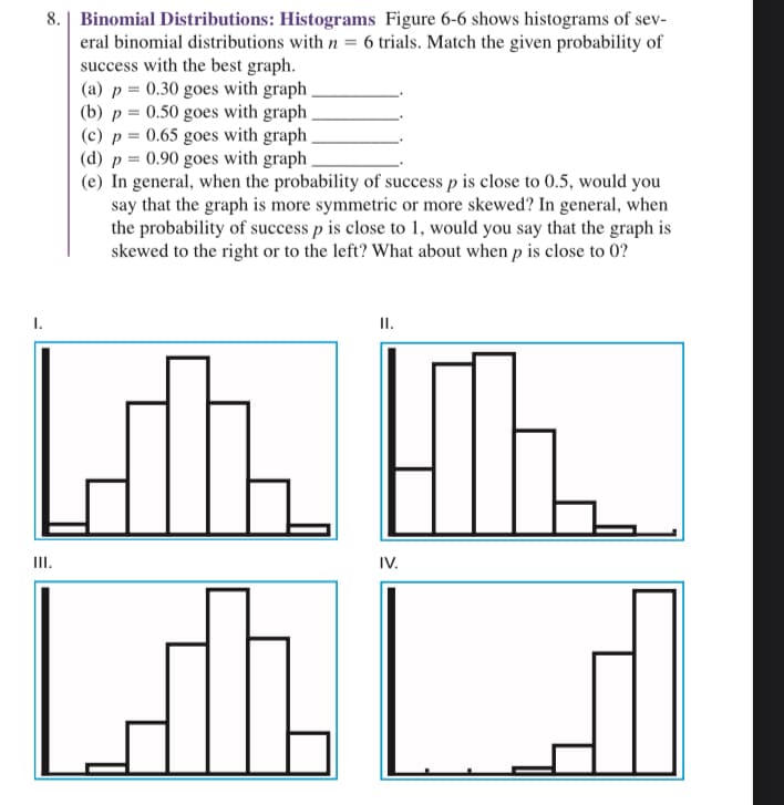 I.
8. Binomial Distributions: Histograms Figure 6-6 shows histograms of sev-
eral binomial distributions with n = 6 trials. Match the given probability of
success with the best graph.
(a) p = 0.30 goes with graph
(b) p = 0.50 goes with graph
(c) p = 0.65 goes with graph
(d) p = 0.90 goes with graph
(e) In general, when the probability of success p is close to 0.5, would you
say that the graph is more symmetric or more skewed? In general, when
the probability of success p is close to 1, would you say that the graph is
skewed to the right or to the left? What about when p is close to 0?
II.
Lili Mh.
III.
IV.
FL