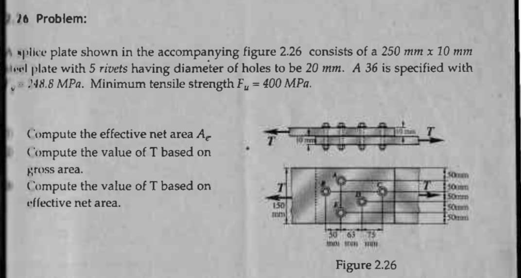 26 Problem:
Aplice plate shown in the accompanying figure 2.26 consists of a 250 mm x 10 mm
el plate with 5 rivets having diameter of holes to be 20 mm. A 36 is specified with
-- 48.8 MPa. Minimum tensile strength F₁ = 400 MPa.
Compute the effective net area A
Compute the value of T based on
gross area.
Compute the value of T based on
effective net area.
150
mim
- Nh KH
Figure 2.26
50mm
500mm
50mm
50mm
50am