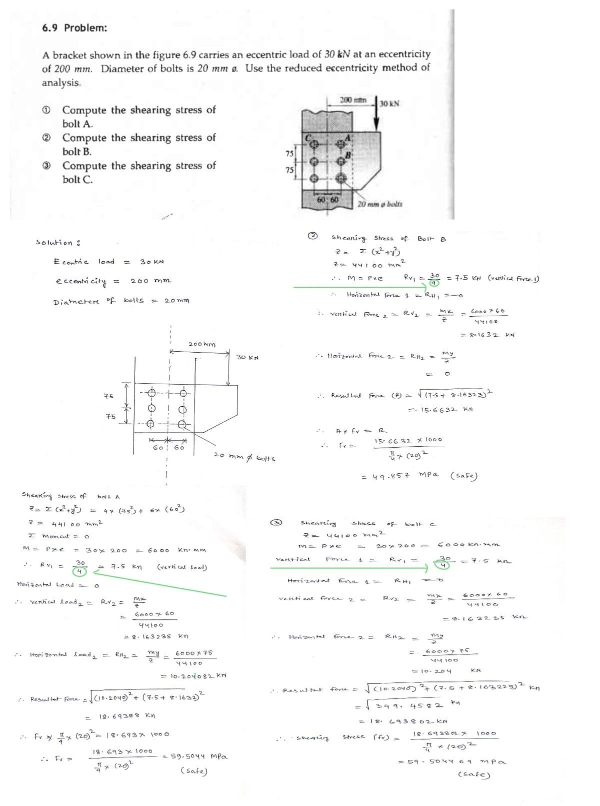 6.9 Problem:
A bracket shown in the figure 6.9 carries an eccentric load of 30 kN at an eccentricity
of 200 mm. Diameter of bolts is 20 mm Ø. Use the reduced eccentricity method of
analysis
M =
..
Compute the shearing stress of
bolt A.
Compute the shearing stress of
bolt B.
3 Compute the shearing stress of
bolt C.
Solution :
E centric
Shearing stress of
Z= = (x² + y²)
2 =
eccentricity
Diameter of
I moment =
Pxe
441 00 mm 2
RV₁ =
load = 30 KN
vertical load 2 =
=
; . Fv =
= 200 mm
= 30x 200 = 6000
30
4
Horizontal Load =
O
75
75
bolts
bolt A
4x (25²) + 6x (60²)
4
7.5 kn
RV2=
Horizontal load ₂ = RH₂ =
= 20mm
PO
Mx
60 60
000
6000 × 60
44100
= 8. 163235 kn
18. 69388 Kn
my
2
(vertical load)
=
Resultat Force=√(10.2040)² + (7.5+ 8·1632)²
Fr 1x (20) = 18.693x 1000
18. 693 x 1000
x (20)²
200mm
kn.mm
6000 x 75
44100
= 10.201082 KN
20 mm & bolts
30 KN
=59.5044 тра
(safe)
75
75
Ⓒ
veretical
60:60
verstical
200 mm
199
Horizontal
Horizontal
.. Resultat
... Resultant
Shearing Stress of Bolt
Z=
= (x² + y²
2 = 44100 mm²
M = Pxe
sheating
- Horizontal Fone 2 =
20 mm o bolts
vertical Force 2
Horizontal force 1
Shearling shxss
z =
M=
Pxe
Fr=
Ax fv =R
30 KN
44100 mm 2
Fine
Force
2 =
=
fone 2 =
= 49.857
Stress
=
Rv₁ =
= RHI=0
RV₂
Forme (B) = √ (7-5+ 8.16323) ²
= 15.6632
κη
15-66 32 x 1000
퓨가 (20)2
R.V2
30 x 200
RH2
RH₂
349.
RHI
(fr) =
bolt
тра
=
B
=
2
= 7.5 KN (vertical force 1)
mx
му
my
6000 kn.mum
6000x60
44100
=81632
(safe)
= 18. 693802 KN
210-204
= 8.16 32 35
= 7.5
60007 75
44100
kn
6000x
44100
(10.2040) + (7.5 + 2. 163225) ² Kn
4582
18 693202 X
(20) 2
= 59 5044 69
1000
тра
KN
(safe)
Kn