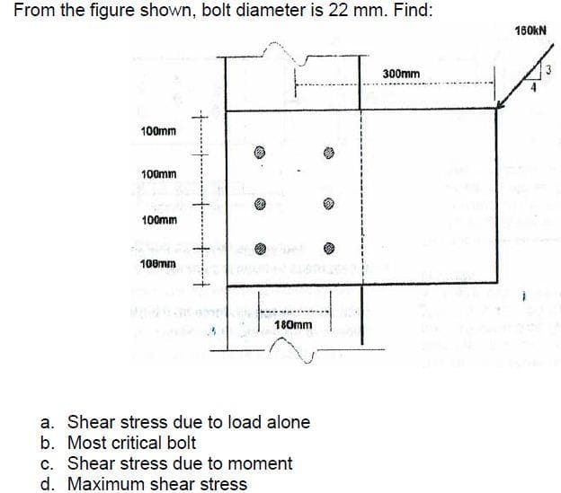 From the figure shown, bolt diameter is 22 mm. Find:
100mm
100mm
100mm
100mm
180mm
a. Shear stress due to load alone
b. Most critical bolt
c. Shear stress due to moment
d. Maximum shear stress
E92
300mm
180KM