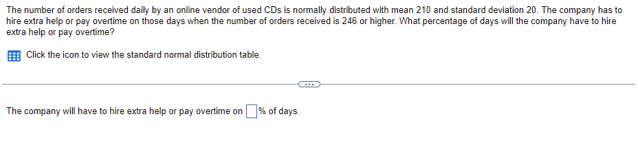 The number of orders received daily by an online vendor of used CDs is normally distributed with mean 210 and standard deviation 20. The company has to
hire extra help or pay overtime on those days when the number of orders received is 246 or higher. What percentage of days will the company have to hire
extra help or pay overtime?
Click the icon to view the standard normal distribution table.
The company will have to hire extra help or pay overtime on % of days.