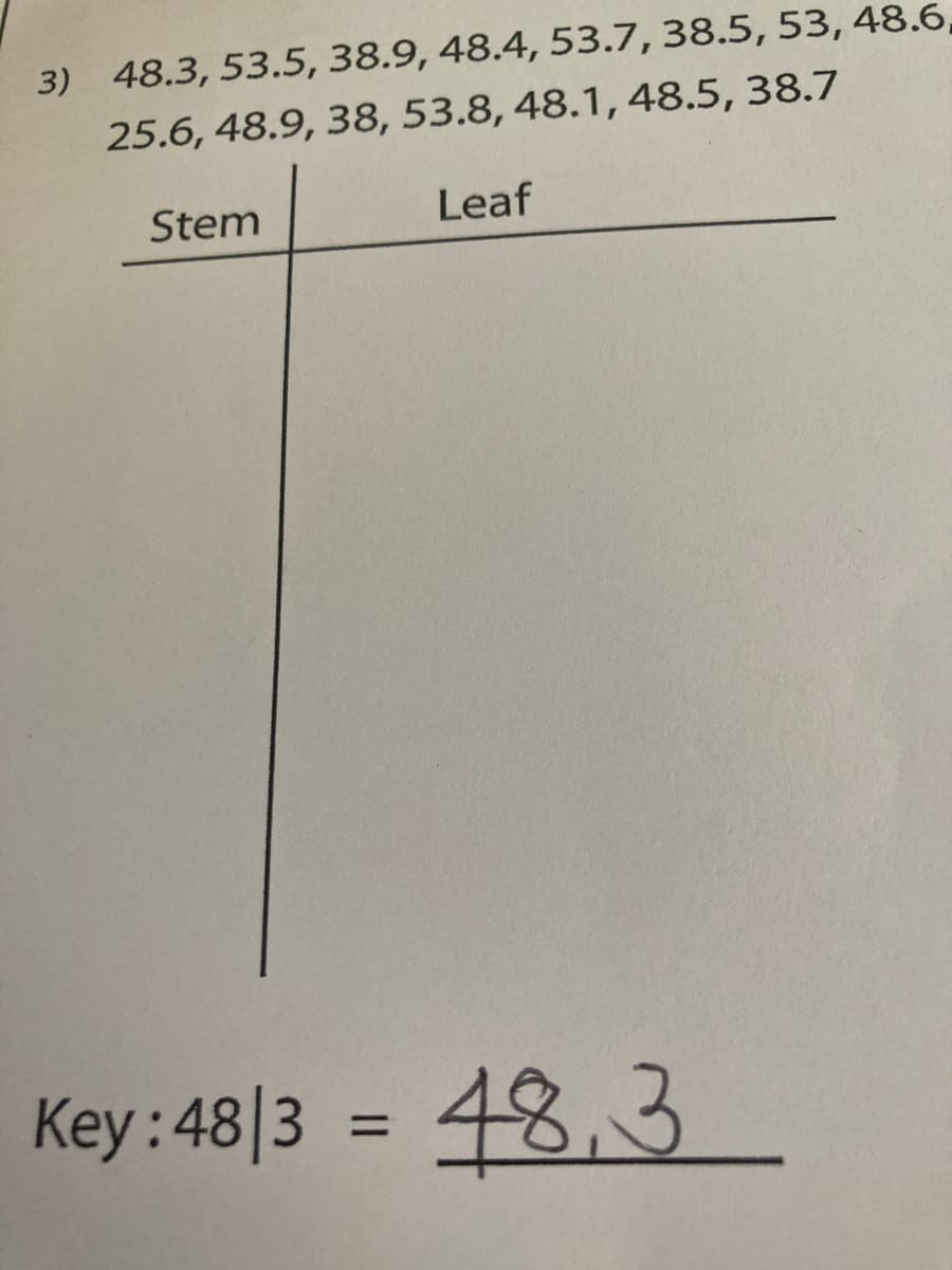 3) 48.3, 53.5, 38.9, 48.4, 53.7, 38.5, 53, 48.6,
25.6, 48.9, 38, 53.8, 48.1, 48.5, 38.7
Stem
Leaf
Key:48|3
= 48,3
%3D
