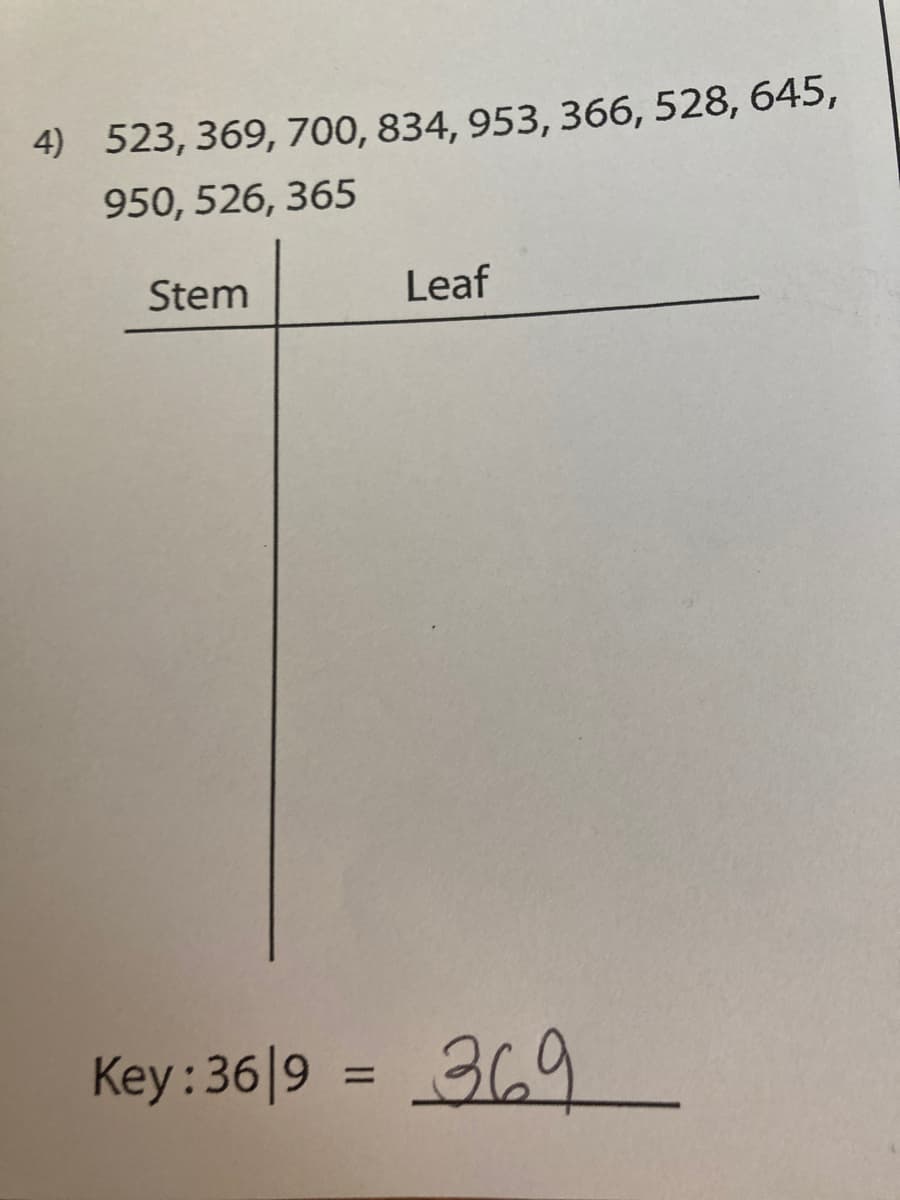 4) 523, 369, 700, 834, 953, 366, 528, 645,
950, 526, 365
Stem
Leaf
Key:36|9 = 369
%3D
