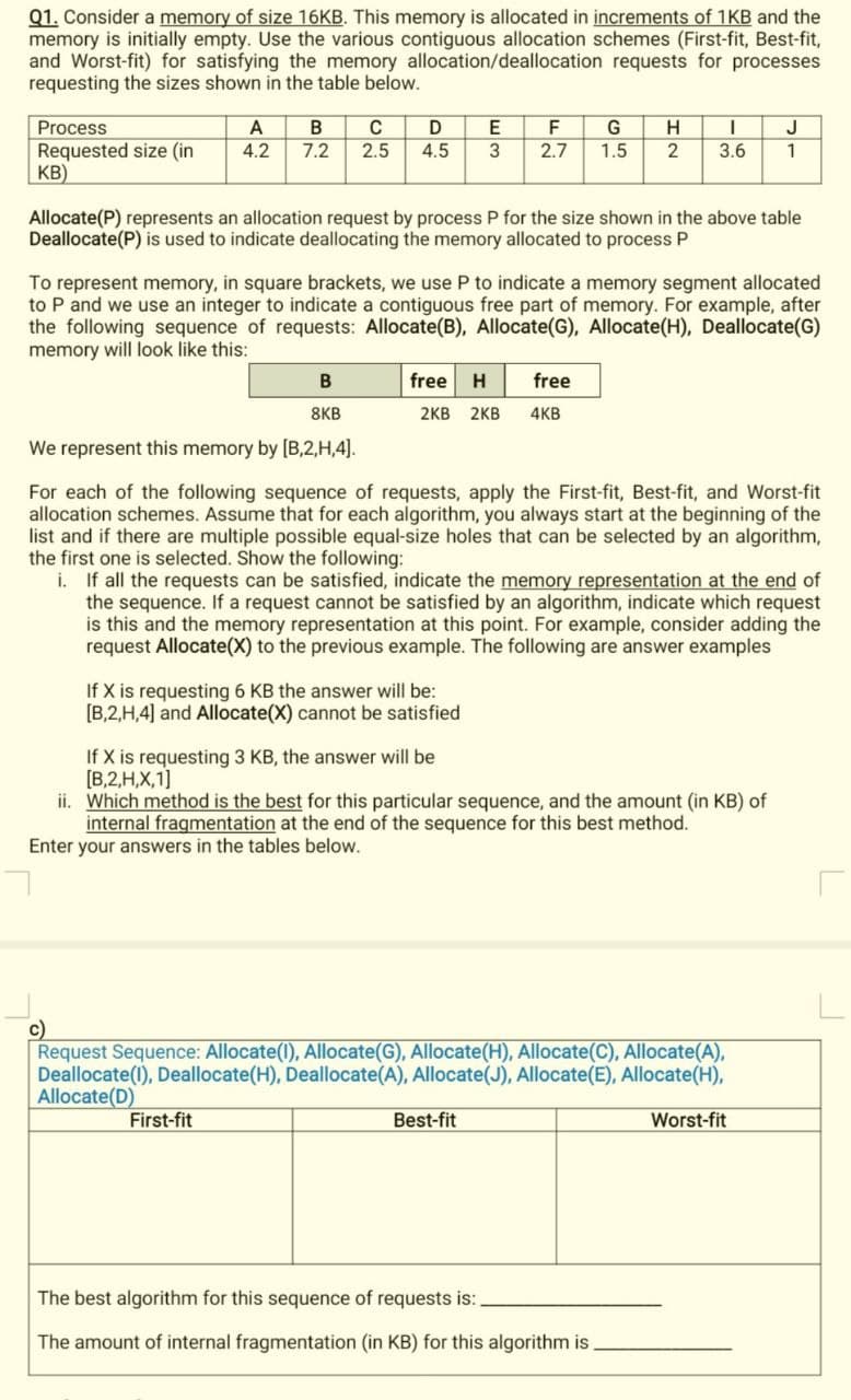 Q1. Consider a memory of size 16KB. This memory is allocated in increments of 1KB and the
memory is initially empty. Use the various contiguous allocation schemes (First-fit, Best-fit,
and Worst-fit) for satisfying the memory allocation/deallocation requests for processes
requesting the sizes shown in the table below.
Process
Requested size (in
KB)
A
B
C
D
E
F
G
H
4.2 7.2 2.5 4.5 3 2.7 1.5 2
Allocate(P) represents an allocation request by process P for the size shown in the above table
Deallocate(P) is used to indicate deallocating the memory allocated to process P
B
8KB
We represent this memory by [B,2,H,4].
To represent memory, in square brackets, we use P to indicate a memory segment allocated
to P and we use an integer to indicate a contiguous free part of memory. For example, after
the following sequence of requests: Allocate(B), Allocate(G), Allocate(H), Deallocate(G)
memory will look like this:
free H free
2KB 2KB 4KB
I
3.6
If X is requesting 6 KB the answer will be:
[B,2,H,4] and Allocate(X) cannot be satisfied
For each of the following sequence of requests, apply the First-fit, Best-fit, and Worst-fit
allocation schemes. Assume that for each algorithm, you always start at the beginning of the
list and if there are multiple possible equal-size holes that can be selected by an algorithm,
the first one is selected. Show the following:
i. If all the requests can be satisfied, indicate the memory representation at the end of
the sequence. If a request cannot be satisfied by an algorithm, indicate which request
is this and the memory representation at this point. For example, consider adding the
request Allocate(X) to the previous example. The following are answer examples
If X is requesting 3 KB, the answer will be
[B,2,H,X,1]
J
1
ii. Which method is the best for this particular sequence, and the amount (in KB) of
internal fragmentation at the end of the sequence for this best method.
Enter your answers in the tables below.
c)
Request Sequence: Allocate(1), Allocate(G), Allocate (H), Allocate(C), Allocate(A),
Deallocate (1), Deallocate(H), Deallocate(A), Allocate (J), Allocate(E), Allocate(H),
Allocate(D)
First-fit
Best-fit
Worst-fit
The best algorithm for this sequence of requests is:
The amount of internal fragmentation (in KB) for this algorithm is