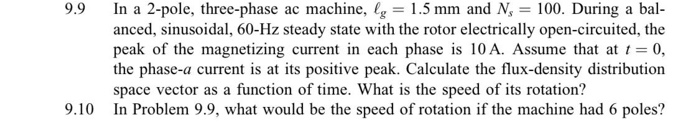 9.9
In a 2-pole, three-phase ac machine, lg = 1.5 mm and N, = 100. During a bal-
anced, sinusoidal, 60-Hz steady state with the rotor electrically open-circuited, the
peak of the magnetizing current in each phase is 10 A. Assume that at t = 0,
the phase-a current is at its positive peak. Calculate the flux-density distribution
space vector as a function of time. What is the speed of its rotation?
9.10 In Problem 9.9, what would be the speed of rotation if the machine had 6 poles?
