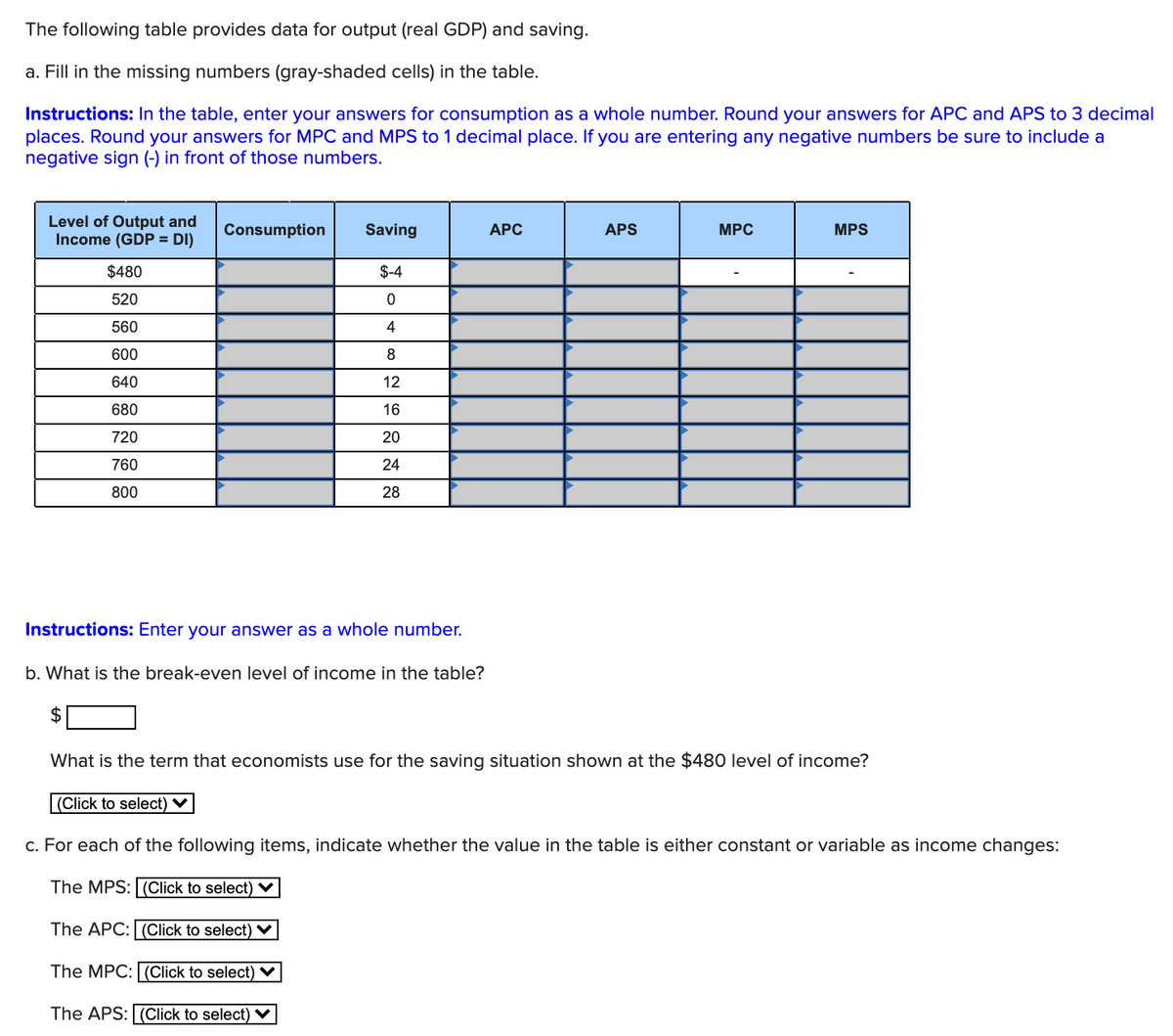 The following table provides data for output (real GDP) and saving.
a. Fill in the missing numbers (gray-shaded cells) in the table.
Instructions: In the table, enter your answers for consumption as a whole number. Round your answers for APC and APS to 3 decimal
places. Round your answers for MPC and MPS to 1 decimal place. If you are entering any negative numbers be sure to include a
negative sign (-) in front of those numbers.
Level of Output and
Income (GDP = DI)
Consumption
Saving
АРС
APS
MPC
MPS
$480
$-4
520
560
4
600
8
640
12
680
16
720
20
760
24
800
28
Instructions: Enter your answer as a whole number.
b. What is the break-even level of income in the table?
2$
What is the term that economists use for the saving situation shown at the $480 level of income?
|(Click to select) ♥
c. For each of the following items, indicate whether the value in the table is either constant or variable as income changes:
The MPS: (Click to select) V
The APC: (Click to select) ♥
The MPC: (Click to select) V
The APS: (Click to select) ♥
