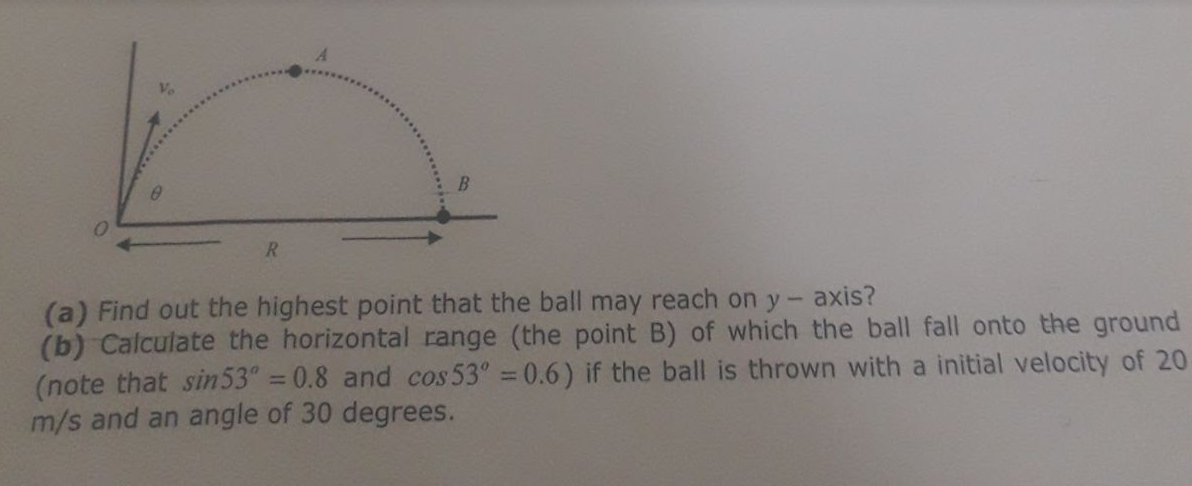 (a) Find out the highest point that the ball may reach on y- axis?
(b) Calculate the horizontal range (the point B) of which the ball fall onto the ground
(note that sin53° = 0.8 and cos 53° = 0.6) if the ball is thrown with a initial velocity of 20
m/s and an angle of 30 degrees.
%3D
