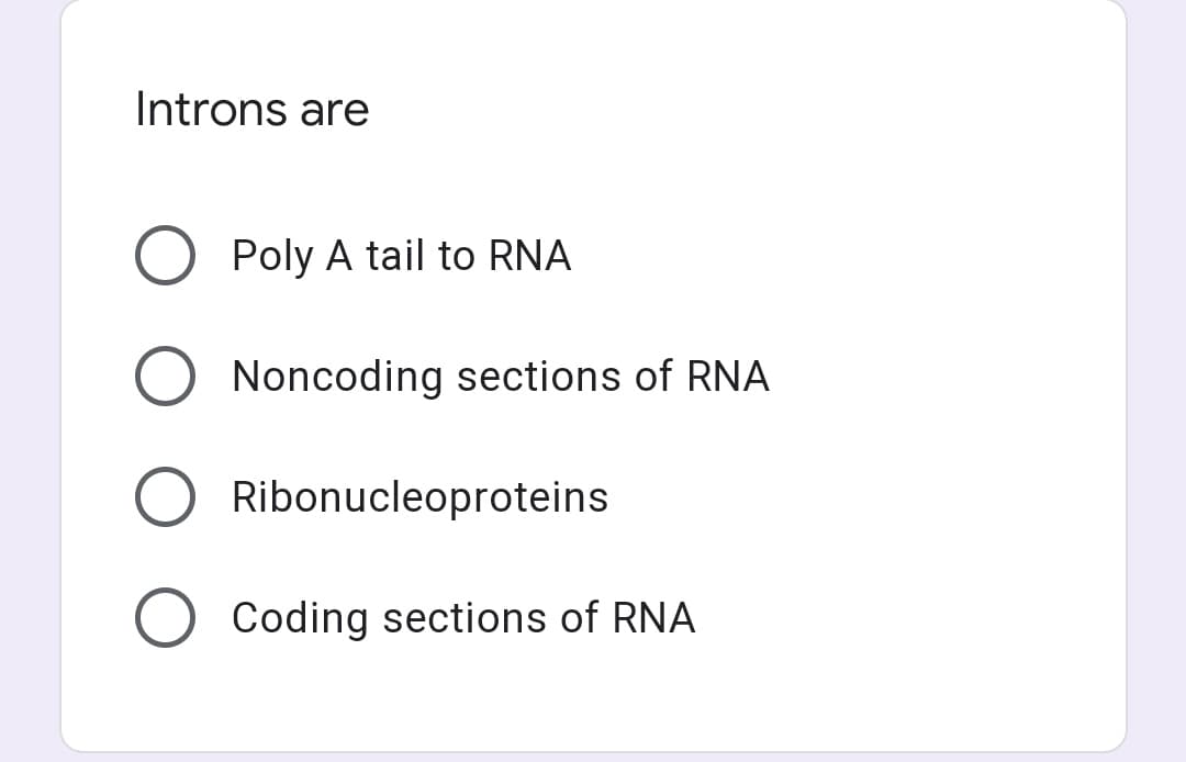 Introns are
Poly A tail to RNA
Noncoding sections of RNA
Ribonucleoproteins
Coding sections of RNA
