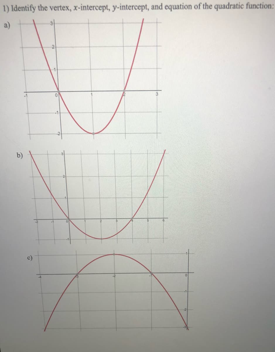 1) Identify the vertex, x-intercept, y-intercept, and equation of the quadratic function:
2
0