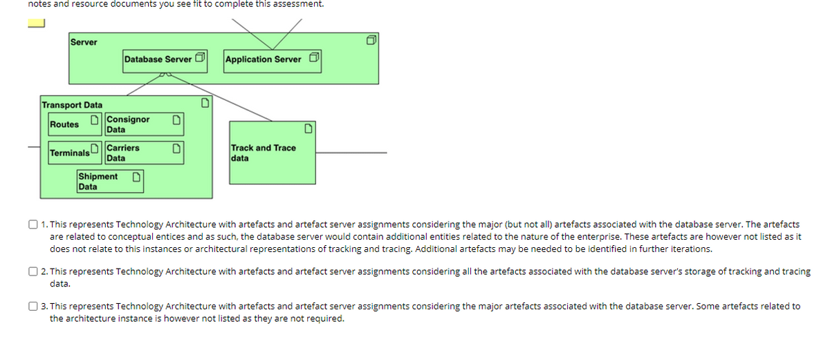 notes and resource documents you see fit to complete this assessment.
Server
Database Server O
Application Server
Transport Data
O Consignor
Data
Routes
TerminalsDCarriers
Data
Track and Trace
data
Shipment
Data
O 1. This represents Technology Architecture with artefacts and artefact server assignments considering the major (but not all) artefacts associated with the database server. The artefacts
are related to conceptual entices and as such, the database server would contain additional entities related to the nature of the enterprise. These artefacts are however not listed as it
does not relate to this instances or architectural representations of tracking and tracing. Additional artefacts may be needed to be identified in further iterations.
O 2. This represents Technology Architecture with artefacts and artefact server assignments considering all the artefacts associated with the database server's storage of tracking and tracing
data.
O 3. This represents Technology Architecture with artefacts and artefact server assignments considering the major artefacts associated with the database server. Some artefacts related to
the architecture instance is however not listed as they are not required.
