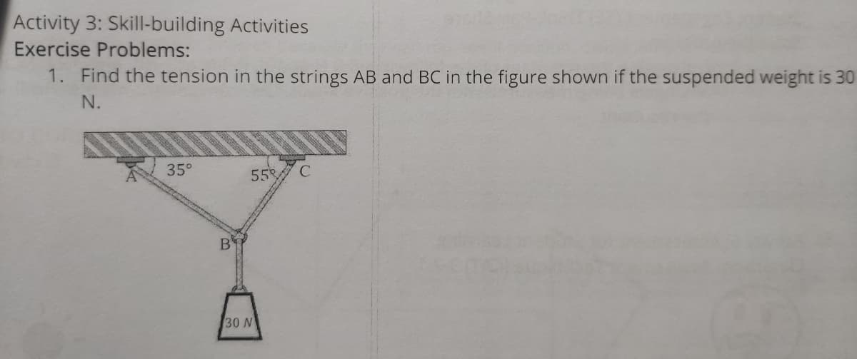 Activity 3: Skill-building Activities
Exercise Problems:
1. Find the tension in the strings AB and BC in the figure shown if the suspended weight is 30
N.
35°
55
B
30 N
