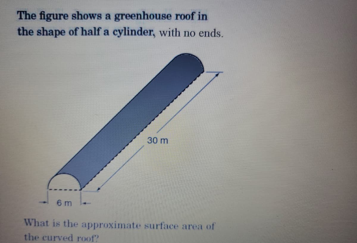 The figure shows a greenhouse roof in
the shape of half a cylinder, with no ends.
30 m
6 m
What is the approximate surface area of
the curved roof?
