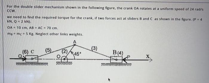 For the double slider mechanism shown in the following figure, the crank OA rotates at a uniform speed of 24 rad/s
CCW.
we need to find the required torque for the crank, if two forces act at sliders B and C as shown in the figure. (P = 4
kN, Q = 2 kN).
OA = 10 cm, AB = AC 70 cm.
mg = mc = 5 Kg. Neglect other links weights.
A
(5)
(3)
45
(6) C
B(4)
X.
