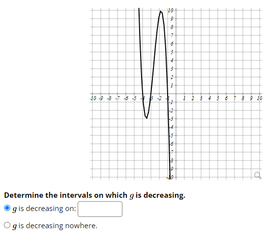 -10-9-8-7 -6 -5
+
-2
10
0,0
9
8
7
6
4
3
2
1
-1
-2
-3
16-
17
8
Determine the intervals on which g is decreasing.
g is decreasing on:
Og is decreasing nowhere.
7 8 9 10