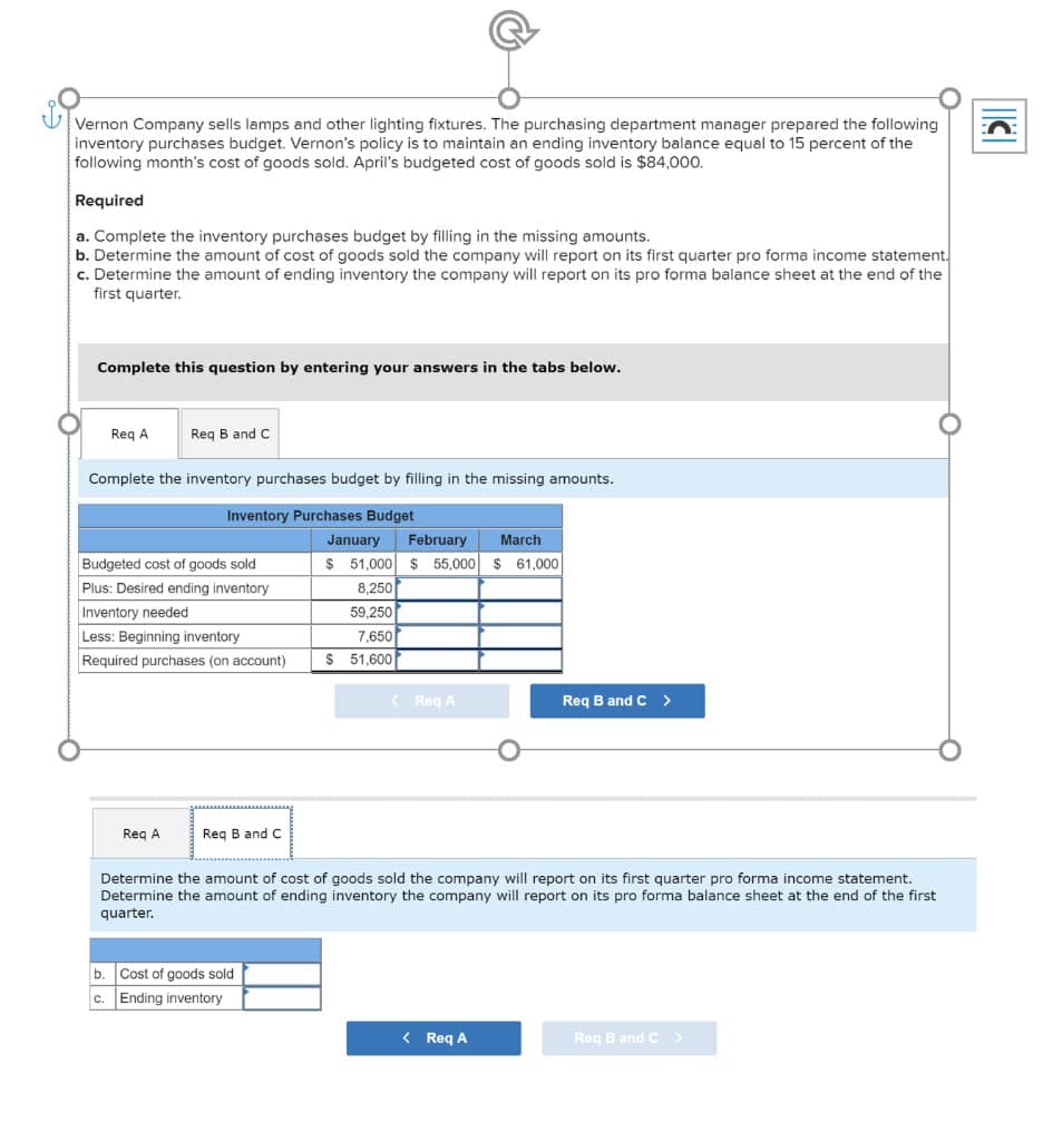Vernon Company sells lamps and other lighting fixtures. The purchasing department manager prepared the following
inventory purchases budget. Vernon's policy is to maintain an ending inventory balance equal to 15 percent of the
following month's cost of goods sold. April's budgeted cost of goods sold is $84,000.
Required
a. Complete the inventory purchases budget by filling in the missing amounts.
b. Determine the amount of cost of goods sold the company will report on its first quarter pro forma income statement.
c. Determine the amount of ending inventory the company will report on its pro forma balance sheet at the end of the
first quarter.
Complete this question by entering your answers in the tabs below.
Req A
Req B and C
Complete the inventory purchases budget by filling in the missing amounts.
Inventory Purchases Budget
January
February
March
Budgeted cost of goods sold
$ 51,000 $ 55,000 $ 61,000
Plus: Desired ending inventory
Inventory needed
8,250
59,250
Less: Beginning inventory
7,650
Required purchases (on account)
$ 51,600
<Req A
Req B and C >
Req A
Req B and C
C
Determine the amount of cost of goods sold the company will report on its first quarter pro forma income statement.
Determine the amount of ending inventory the company will report on its pro forma balance sheet at the end of the first
quarter.
b. Cost of goods sold
c. Ending inventory
< Req A
Req B and C >