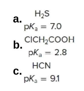 H2S
a.
pKą = 7.0
b. CICH2COOH
pka = 2.8
HCN
C.
pK, = 9.1
