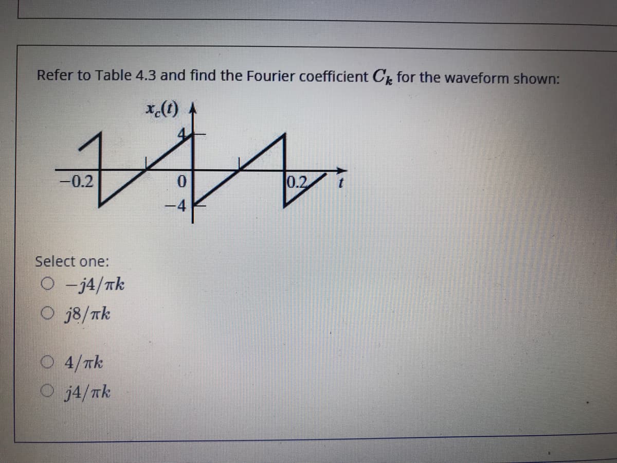 Refer to Table 4.3 and find the Fourier coefficient C for the waveform shown:
x.(t)
-0.2
0.2
Select one:
O -j4/Tk
O j8/Tk
O 4/Tk
O j4/nk
