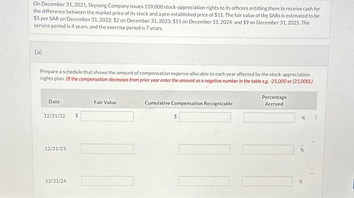 On December 31, 2021, Skysong Company issues 139,000 stock-appreciation rights to its officers entitling them to receive cash for
the difference between the market price of its stock and a pre-established price of $11. The fair value of the SARS is estimated to be
$5 per SAR on December 31, 2022; $2 on December 31, 2023; $11 on December 31, 2024; and $9 on December 31, 2025. The
service period is 4 years, and the exercise period is 7 years.
(a)
Prepare a schedule that shows the amount of compensation expense allocable to each year affected by the stock-appreciation
rights plan. (If the compensation decreases from prior year enter the amount as a negative number in the table e.g. -25,000 or (25,000).)
Date
12/31/22
12/31/23
12/31/24
$
Fair Value
11
Cumulative Compensation Recognizable
$
11
Percentage
Accrued
% S
%
%