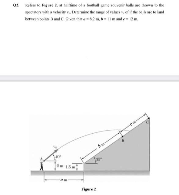 Q2.
Refers to Figure 2, at halftime of a football game souvenir balls are thrown to the
spectators with a velocity va. Determine the range of values v, of if the balls are to land
between points B and C. Given that a = 8.2 m, b = 11 m and e 12 m.
b m
40
35
2m 15 m
Figure 2
