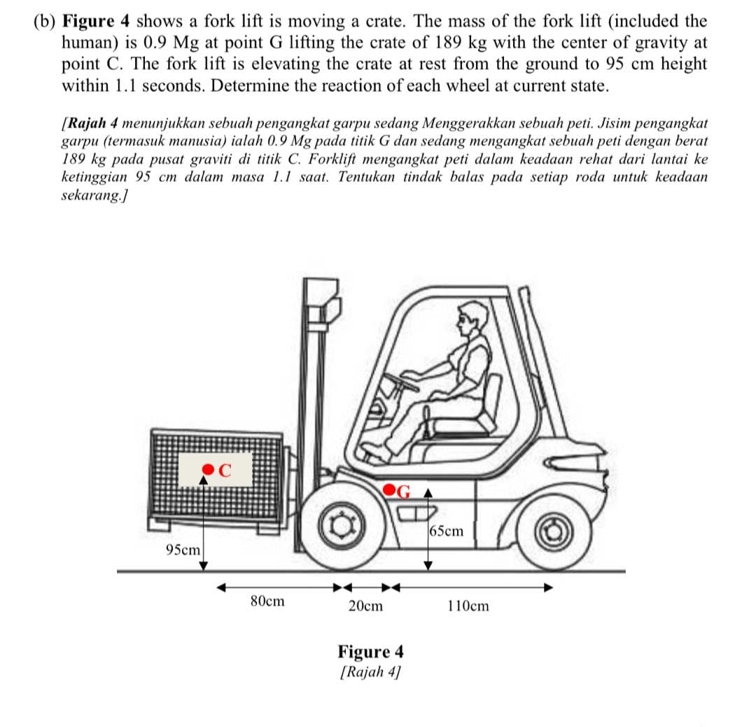 (b) Figure 4 shows a fork lift is moving a crate. The mass of the fork lift (included the
human) is 0.9 Mg at point G lifting the crate of 189 kg with the center of gravity at
point C. The fork lift is elevating the crate at rest from the ground to 95 cm height
within 1.1 seconds. Determine the reaction of each wheel at current state.
[Rajah 4 menunjukkan sebuah pengangkat garpu sedang Menggerakkan sebuah peti. Jisim pengangkat
garpu (termasuk manusia) ialah 0.9 Mg pada titik G dan sedang mengangkat sebuah peti dengan berat
189 kg pada pusat graviti di titik C. Forklift mengangkat peti dalam keadaan rehat dari lantai ke
ketinggian 95 cm dalam masa 1.1 saat. Tentukan tindak balas pada setiap roda untuk keadaan
sekarang.]
65cm
95cm
80cm
20cm
110cm
Figure 4
[Rajah 4]
