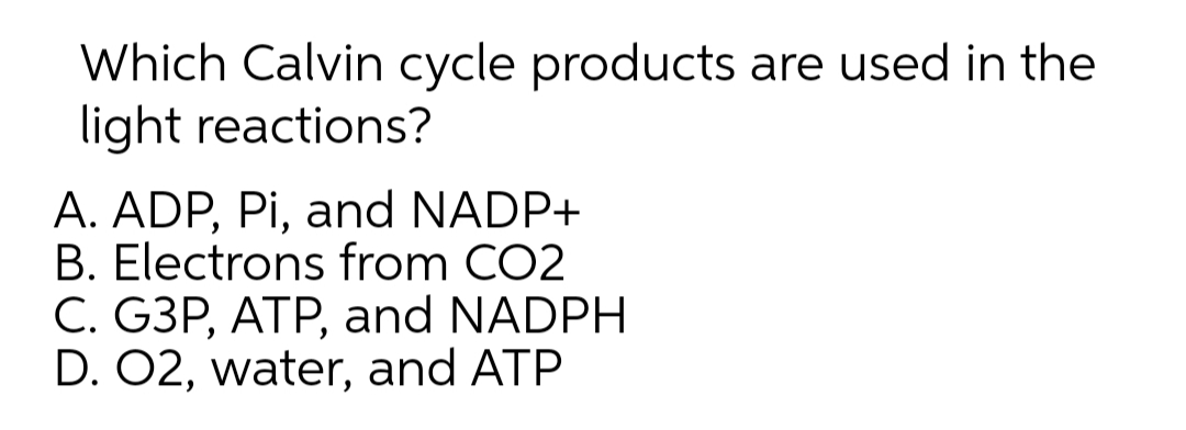 Which Calvin cycle products are used in the
light reactions?
A. ADP, Pi, and NADP+
B. Electrons from CO2
C. G3P, ATP, and NADPH
D. 02, water, and ATP
