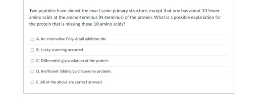 Two peptides have almost the exact same primary structure, except that one has about 10 fewer
amino acids at the amino-terminus (N-terminus) of the protein. What is a possible explanation for
the protein that is missing those 10 amino acids?
O A. An alternative Poly-A tail addition site
O B. Leaky scanning occurred
O.Differential glycosylation of the protein
O D. Inefficient folding by chaperone proteins
O E. All of the above are correct answers
