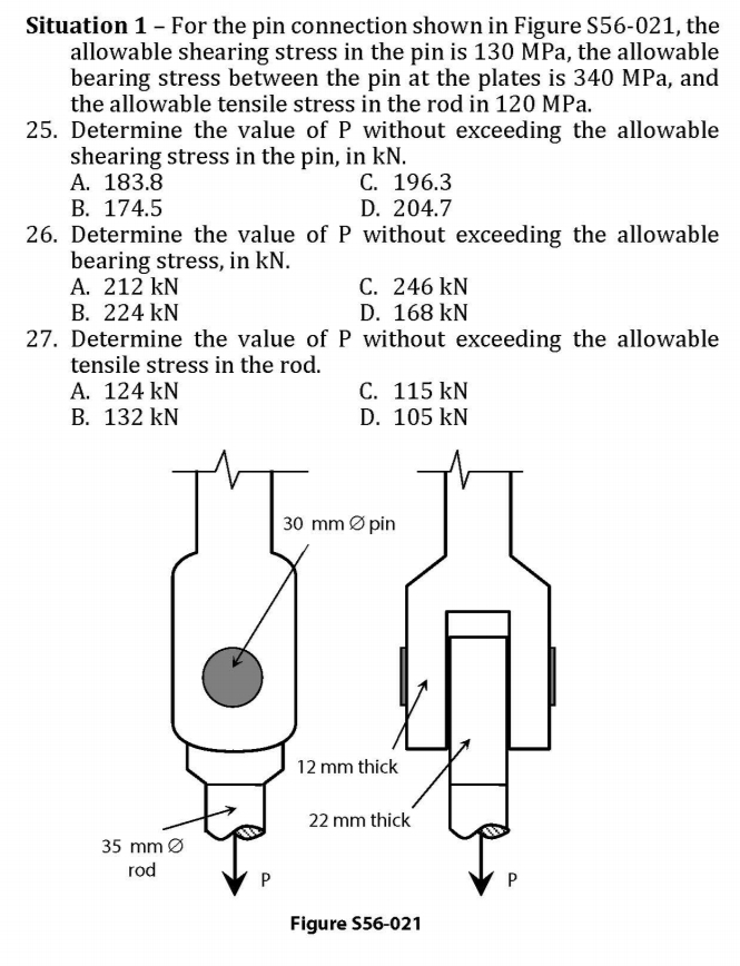 Situation 1- For the pin connection shown in Figure S56-021, the
allowable shearing stress in the pin is 130 MPa, the allowable
bearing stress between the pin at the plates is 340 MPa, and
the allowable tensile stress in the rod in 120 MPa.
25. Determine the value ofP without exceeding the allowable
shearing stress in the pin, in kN.
A. 183.8
В. 174.5
26. Determine the value ofP without exceeding the allowable
bearing stress, in kN.
A. 212 kN
В. 224 kN
27. Determine the value ofP without exceeding the allowable
tensile stress in the rod.
A. 124 kN
В. 132 kN
C. 196.3
D. 204.7
C. 246 kN
D. 168 kN
C. 115 kN
D. 105 kN
30 mm Ø pin
12 mm thick
22 mm thick
35 mm Ø
rod
P
Figure S56-021
