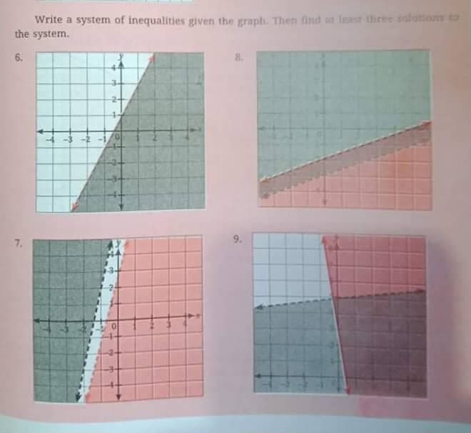 Write a system of inequalities given the graph. Then find st lest three solations to
the system.
6.
8.
3-
2-
9.
7.
