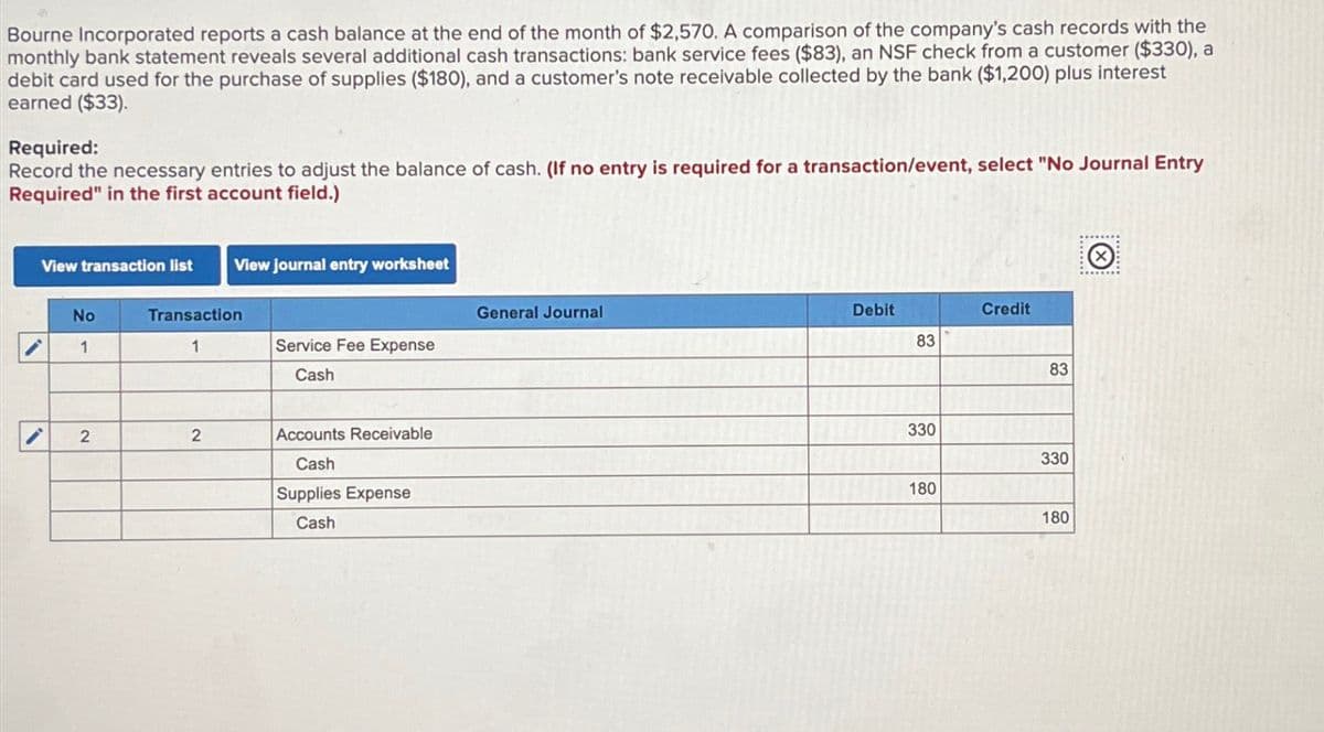 Bourne Incorporated reports a cash balance at the end of the month of $2,570. A comparison of the company's cash records with the
monthly bank statement reveals several additional cash transactions: bank service fees ($83), an NSF check from a customer ($330), a
debit card used for the purchase of supplies ($180), and a customer's note receivable collected by the bank ($1,200) plus interest
earned ($33).
Required:
Record the necessary entries to adjust the balance of cash. (If no entry is required for a transaction/event, select "No Journal Entry
Required" in the first account field.)
View transaction list
View journal entry worksheet
No
Transaction
General Journal
1
1
Service Fee Expense
Cash
2
2
Accounts Receivable
Cash
Supplies Expense
Cash
Debit
Credit
83
83
330
330
180
180