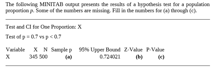 The following MINITAB output presents the results of a hypothesis test for a population
proportion p. Some of the numbers are missing. Fill in the numbers for (a) through (c).
Test and CI for One Proportion: X
Test of p = 0.7 vsp < 0.7
X N Sample p 95% Upper Bound z-Value P-Value
0.724021
Variable
345 500
(a)
(b)
(b)
(c)
х
