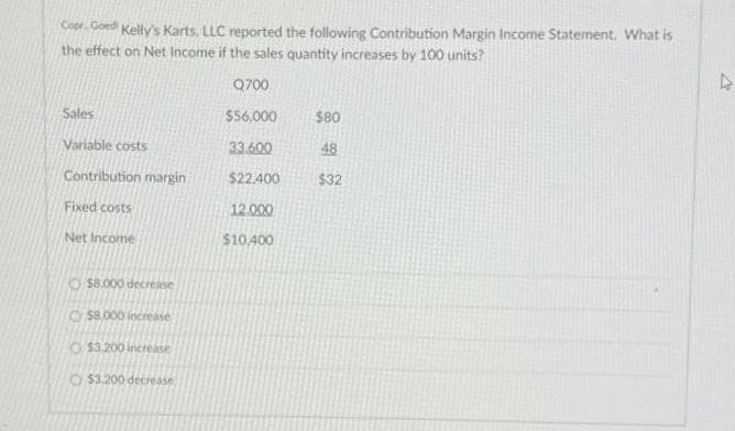 Copr. Goed Kelly's Karts, LLC reported the following Contribution Margin Income Statement. What is
the effect on Net Income if the sales quantity increases by 100 units?
Sales
Variable costs
Contribution margin
Fixed costs
Net Income
$8.000 decrease
O$8,000 increase
O$3.200 increase
$3,200 decrease
Q700
$56,000
33.600
$22.400
12.000
$10,400
$80
48
$32
4