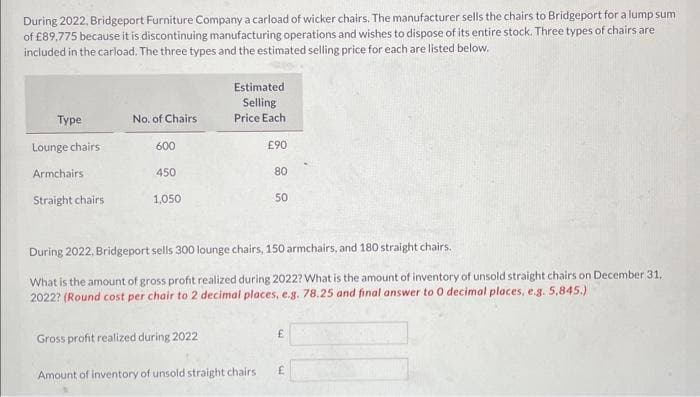 During 2022, Bridgeport Furniture Company a carload of wicker chairs. The manufacturer sells the chairs to Bridgeport for a lump sum
of £89,775 because it is discontinuing manufacturing operations and wishes to dispose of its entire stock. Three types of chairs are
included in the carload. The three types and the estimated selling price for each are listed below.
Type
Lounge chairs
Armchairs
Straight chairs
No. of Chairs
600
450
1,050
Estimated
Selling
Price Each
Gross profit realized during 2022
£90
Amount of inventory of unsold straight chairs
80
During 2022, Bridgeport sells 300 lounge chairs, 150 armchairs, and 180 straight chairs.
What is the amount of gross profit realized during 2022? What is the amount of inventory of unsold straight chairs on December 31.
2022? (Round cost per chair to 2 decimal places, e.g. 78.25 and final answer to 0 decimal places, e.g. 5,845.)
50
£
£