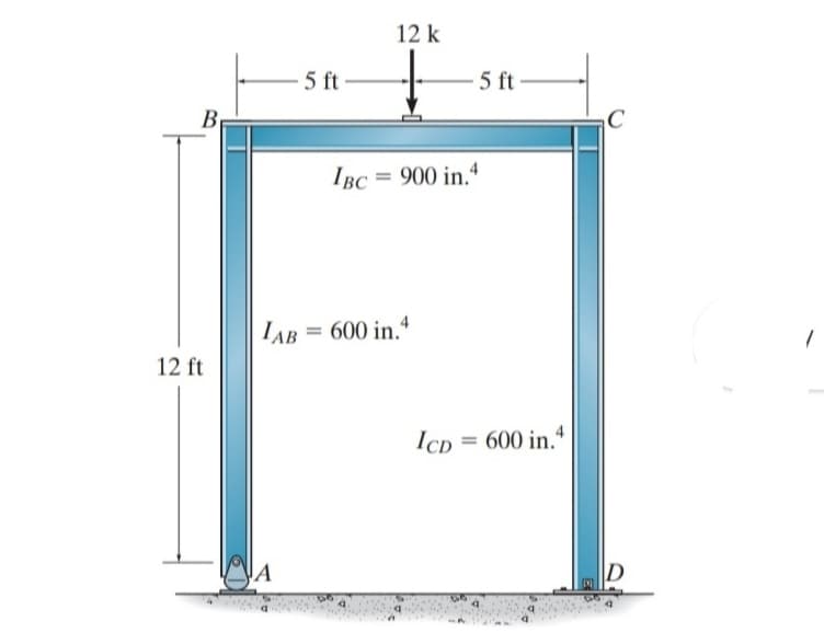 12 k
5 ft
- 5 ft
Bp
C
IBC = 900 in.“
LAB = 600 in.“
12 ft
Icp =
600 in.
D
