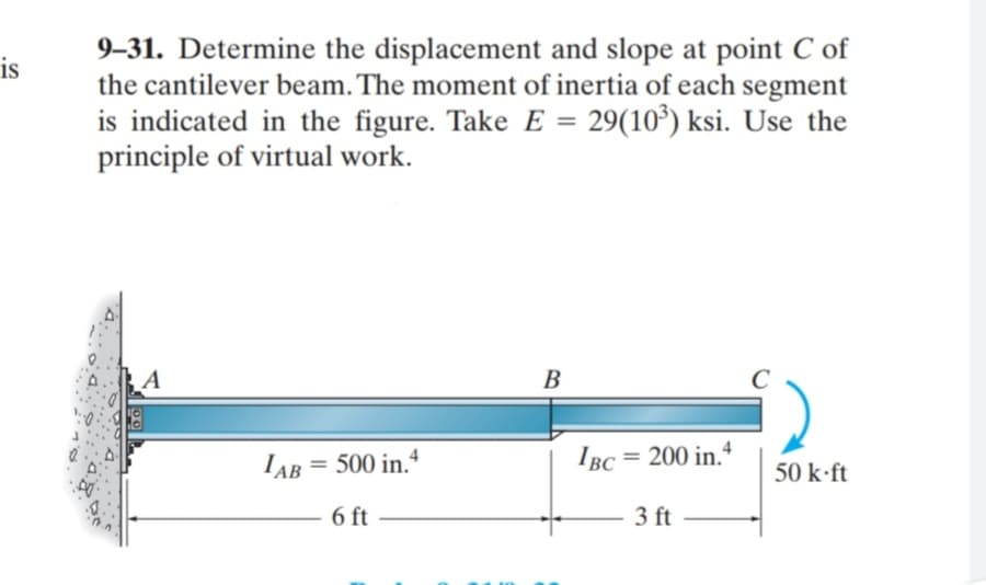 9-31. Determine the displacement and slope at point C of
the cantilever beam. The moment of inertia of each segment
is indicated in the figure. Take E = 29(10') ksi. Use the
principle of virtual work.
is
%3D
A
В
= 500 in.
%3D
IAB
50 k-ft
6 ft
3 ft
