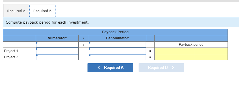 Required A Required B
Compute payback period for each investment.
Project 1
Project 2
Numerator:
1
Payback Period
Denominator:
< Required A
=
=
Required B >
Payback period