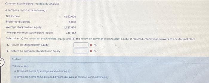 Common Stockholders' Profitability Analysis
A company reports the following:
Net income
$150,000
Preferred dividends
6,000
Average stockholders' equity
1,127,820
Average common stockholders' equity
738,462
Determine (a) the return on stockholders' equity and (b) the return on common stockholders' equity. If required, round your answers to one decimal place.
a. Return on Stockholders' Equity
b. Return on Common Stockholders' Equity
Feedback
X%
X%
Check My Work
a. Divide net income by average stockholders equity
b. Divide net income minus preferred dividends by average common stockholders' equity