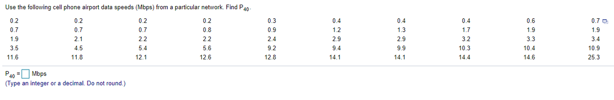 Use the following cell phone airport data speeds (Mbps) from a particular network. Find P40
0.2
0.7
0.2
0.2
0.2
0.3
0.4
0.4
0.4
0.6
0.7 O
0.7
0.7
0.8
0.9
1.2
1.3
1.7
1.9
1.9
1.9
2.1
2.2
2.2
2.4
2.9
2.9
3.2
3.3
3.4
3.5
4.5
5.4
5.6
9.2
9.4
9.9
10.3
10.4
10.9
11.6
11.8
12.1
12.6
12.8
14.1
14.1
14.4
14.6
25.3
P40 =
(Type an integer or a decimal. Do not round)
Mbps
