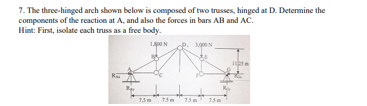 7. The three-hinged arch shown below is composed of two trusses, hinged at D. Determine the
components of the reaction at A, and also the forces in bars AB and AC.
Hint: First, isolate each truss as a free body.
1,800 N
3.00 N
1125 m
RAX
Ro
7.5 m
7.5 m
7.5 m
7.5 m
